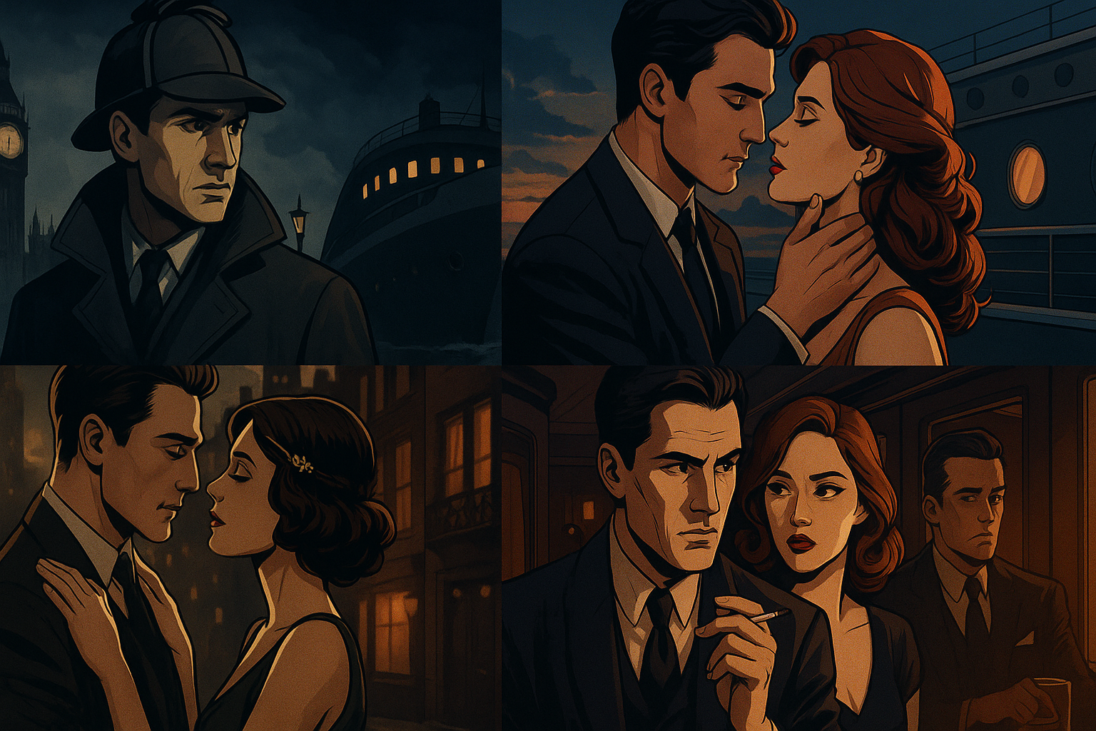 Illustrated detective and romantic story scenes from Shadows and Silk